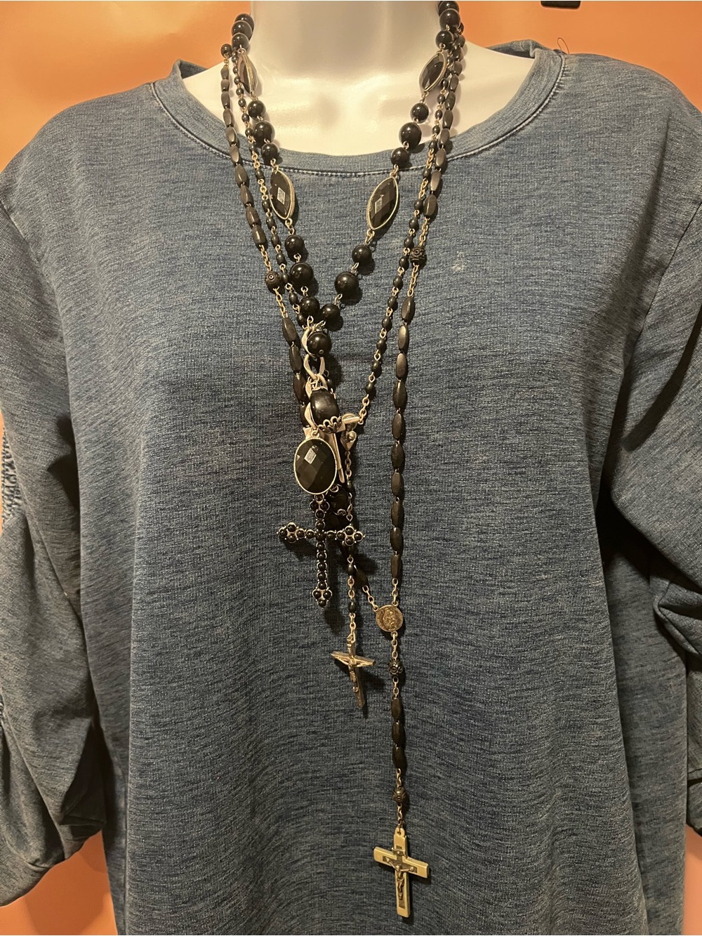 Stack of Black Bead Cross Necklaces - Women's Faith Jewelry